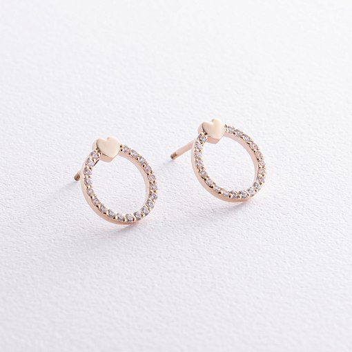 Серьги - пусеты "Сердечки" с фианитами (желтое золото) с08466 3