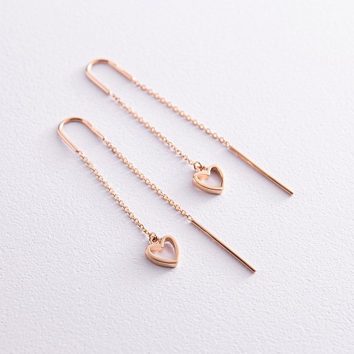 Серьги - протяжки "Сердечки" в красном золоте с07957