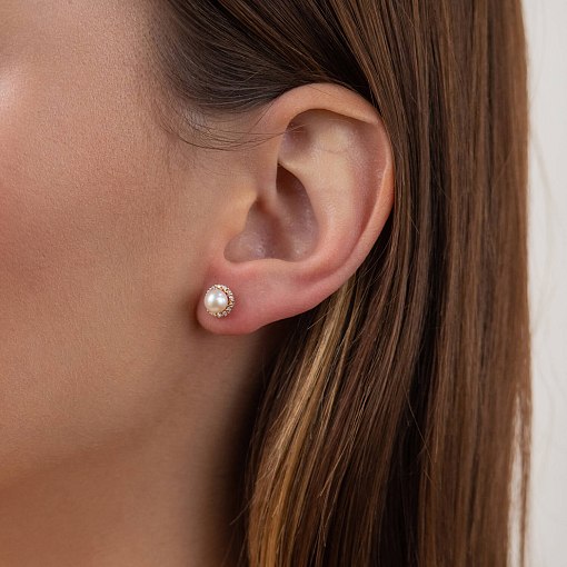 Золотые серьги - пусеты с жемчугом и фианитами с08167 2