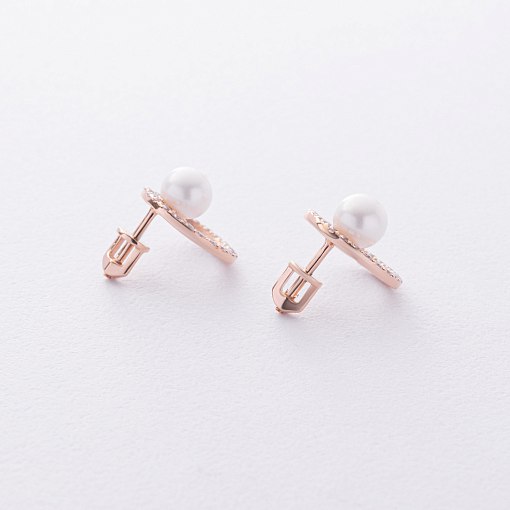 Золотые серьги - пусеты "Круговорот" (жемчуг, фианиты) с09178 3