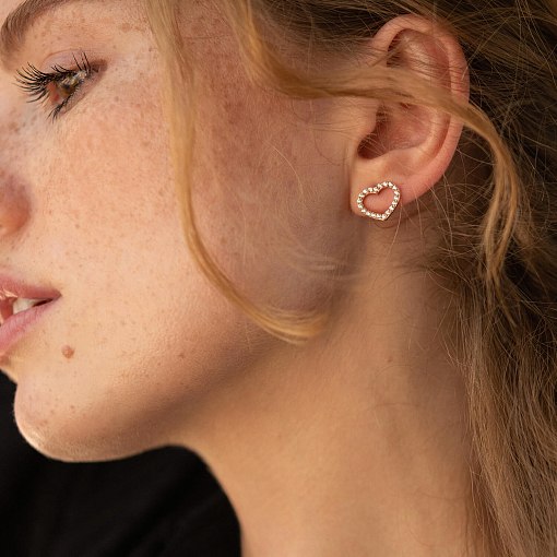 Золотые серьги - пусеты "Сердечки" с фианитами с08438 3