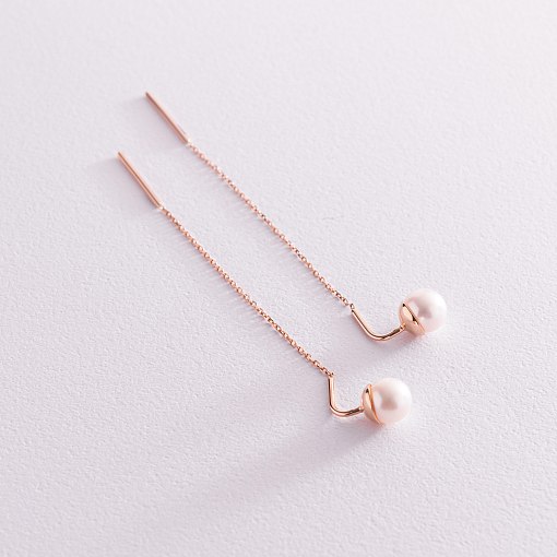 Золотые серьги - протяжки с жемчугом с07595 3