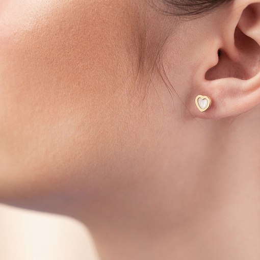 Золотые серьги - пусеты "Сердечки" с перламутром с08392 4