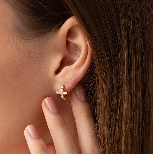 Серьги - кольца "Крестики" с фианитами (красное золото) с09195 6