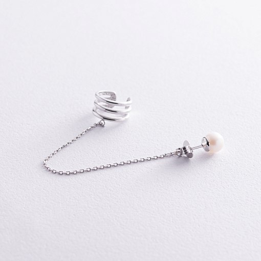 Серьга - каффа "Тринити" с жемчужиной (белое золото) с08251 4