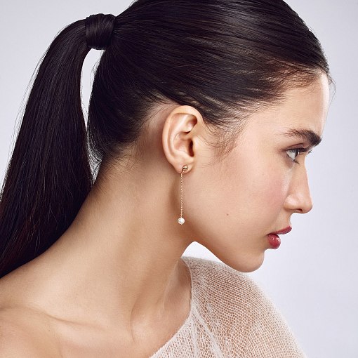 Серьги - пусеты "Жемчужина на цепочке" в красном золоте с08291 6