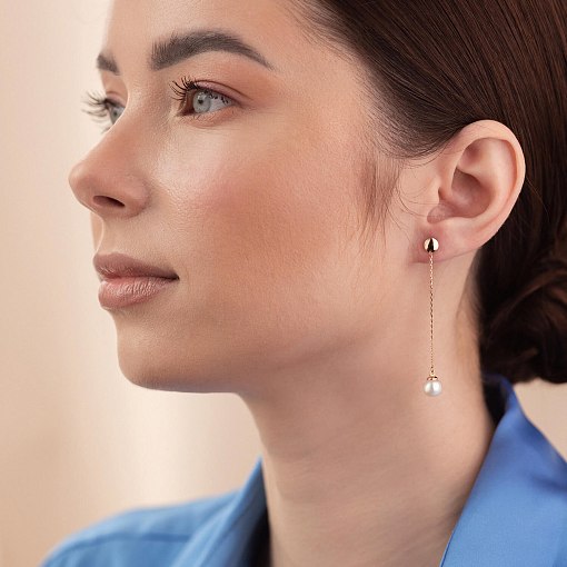 Серьги - пусеты "Жемчужина на цепочке" в красном золоте с08315 2