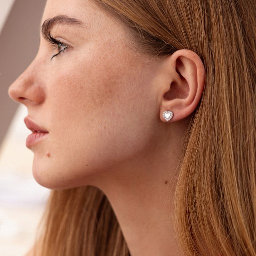 Серьги - пусеты "Сердечки" с фианитами (белое золото) с08111 2