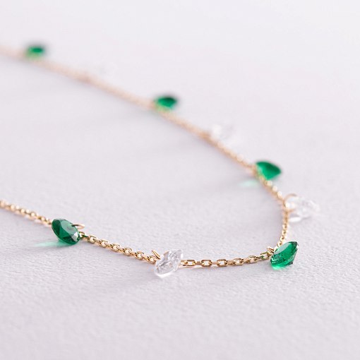 Колье в желтом золоте (зеленые и белые фианиты) кол02308 5