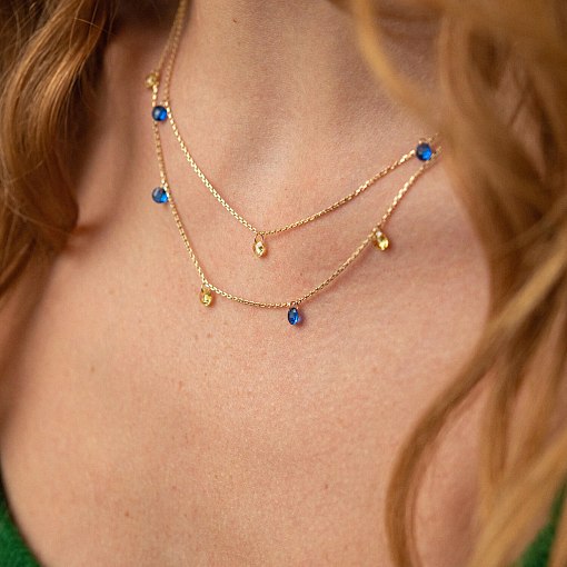 Двойное золотое колье "Украинка" (синие и желтые фианиты) кол02324 4