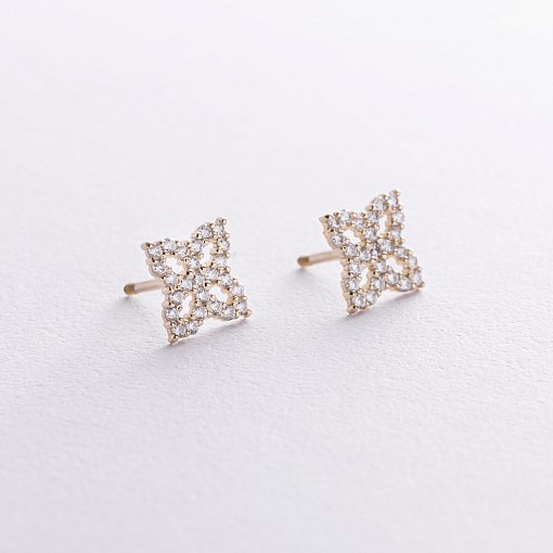 Серьги - пусеты "Клевер" с фианитами (желтое золото) с08621 3