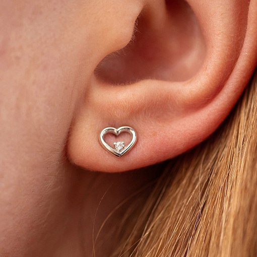 Серьги - пусеты "Сердечки" в белом золоте (фианиты) с08474 6