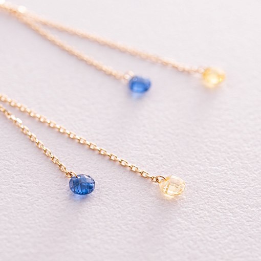 Висячие золотые серьги "Украинка" (голубые и желтые фианиты) с08106 3