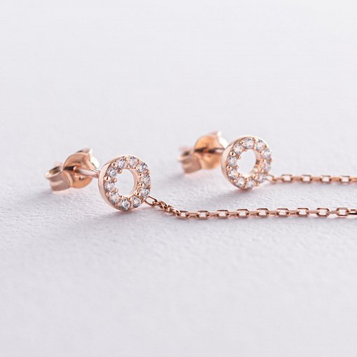 Серьги - пусеты "Кружочки" в красном золоте (фианиты) с07270 4
