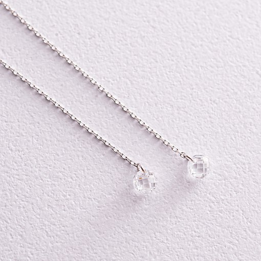 Серьги - пусеты "Фианит на цепочке" в белом золоте с08042 4
