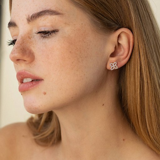 Серьги - пусеты "Клевер" с фианитами (желтое золото) с08621 2