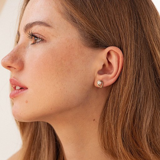 Серьги - пусеты "Капельки" с жемчугом (желтое золото) с08732 2