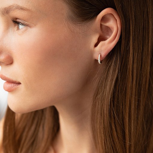 Серьги - кольца с фианитами (желтое золото) с09172 2