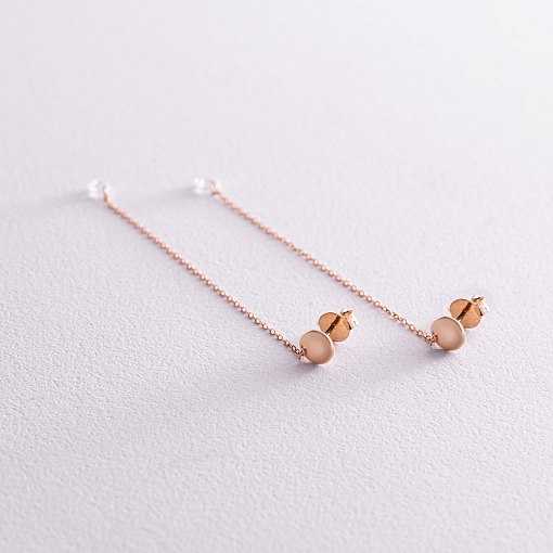 Серьги - пусеты "Фианит на цепочке" в красном золоте с08038 2