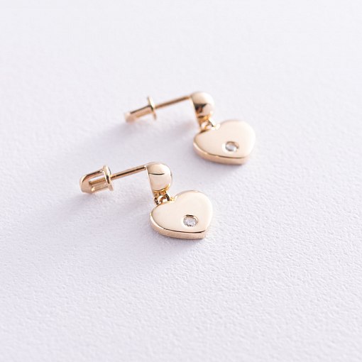 Золотые серьги - пусеты "Сердечки" с фианитами с07011 3