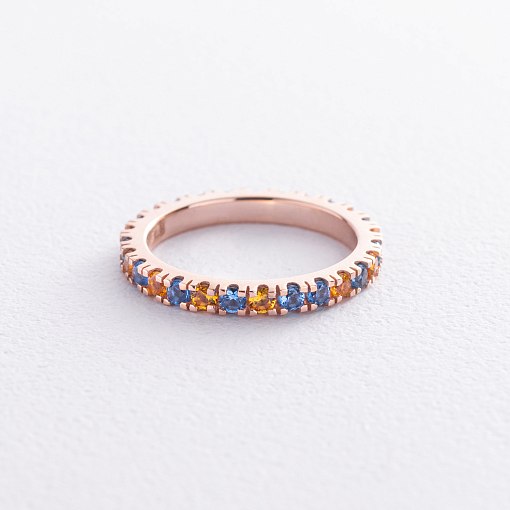 Кольцо с дорожкой голубых и желтых камней (красное золото) 815к 3