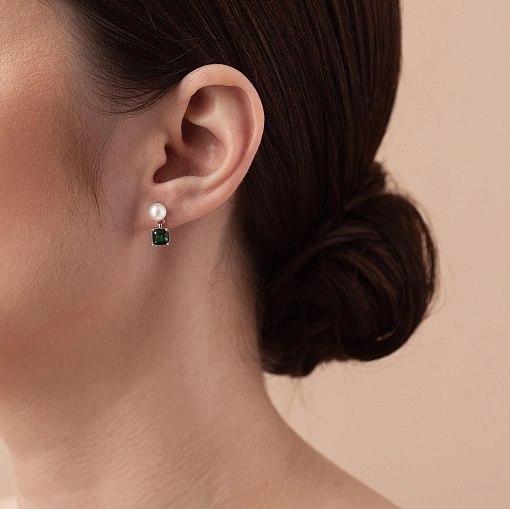 Золотые серьги - пусеты "Альма" (зеленые фианиты, жемчуг) с08248 2