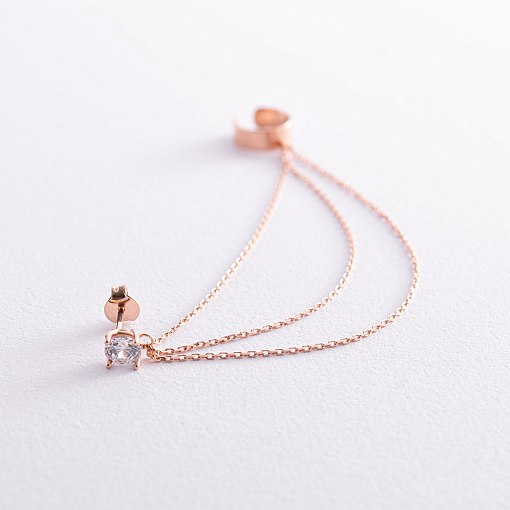 Серьга - каффа "Тринити" в красном золоте с цепочками (фианит) с08019 5