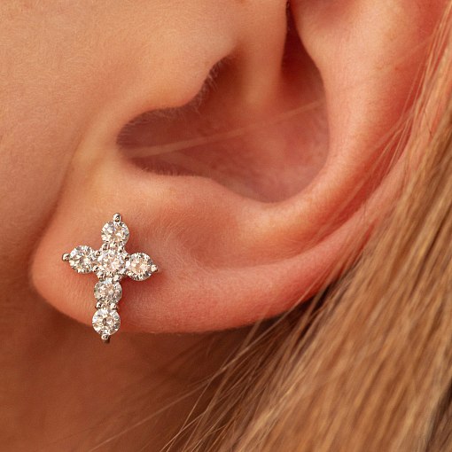 Серьги - пусеты "Крестики" в белом золоте (фианиты) с09035 4