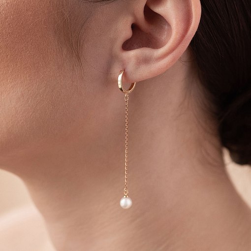 Серьги - кольца "Жемчужина на цепочке" в красном золоте с08355 6