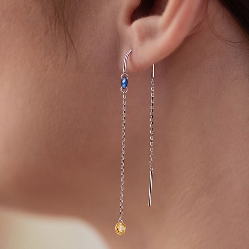 Золотые серьги - протяжки "Украинка" (голубые и желтые фианиты) с08390 6