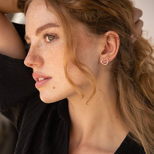 Золотые серьги - пусеты "Сердечки" с фианитами с08438 5