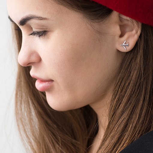 Серьги-пусеты "Самолетик" в белом золоте с06678 7