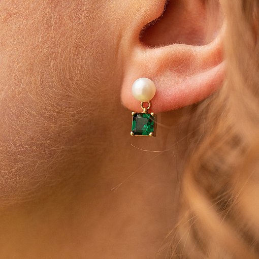 Золотые серьги - пусеты "Альма" (зеленые фианиты, жемчуг) с08258 3