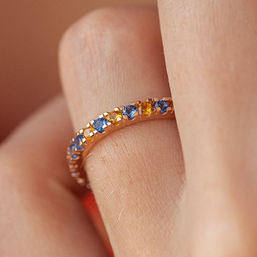 Кольцо с дорожкой голубых и желтых камней (красное золото) 815к 6
