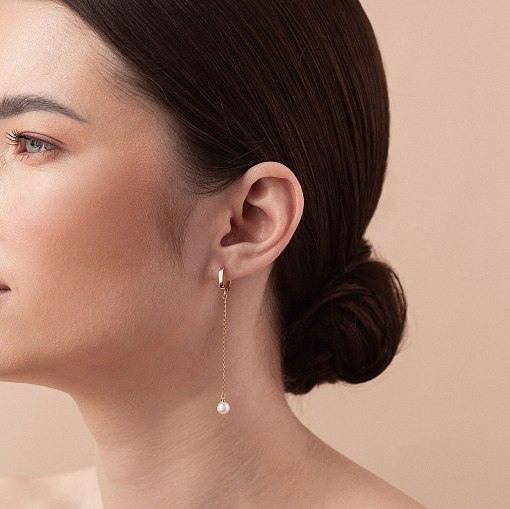 Серьги - кольца "Жемчужина на цепочке" в красном золоте с08355 2