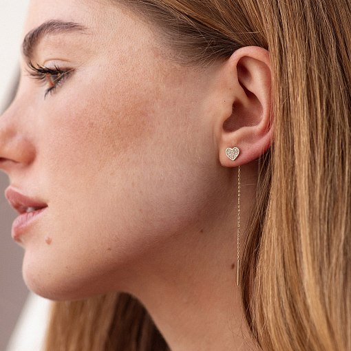 Серьги - протяжки "Сердечки" в желтом золоте (фианиты) с08069 4