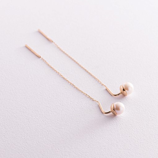 Золотые серьги - протяжки с жемчугом с07654 3