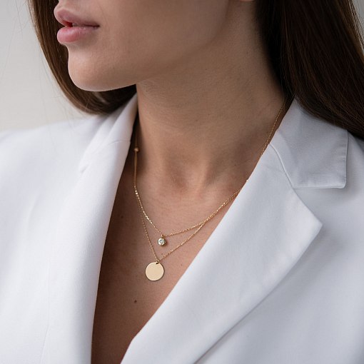 Двойное золотое колье с монеткой и фианитом (возможна гравировка) кол01768 4