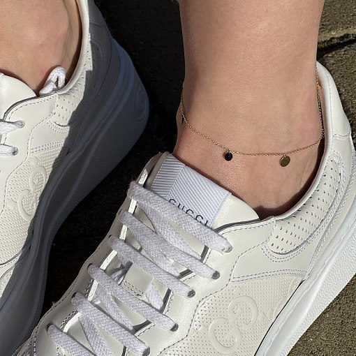 Золотой браслет "Сердечки и монетка" на ногу (черные фианиты) б04796 8