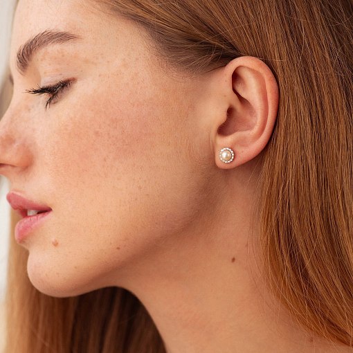 Золотые серьги - пусеты "Linea" (жемчуг, фианиты) с08915 2