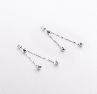 Серьги - пусеты с шариками на цепочке (белое золото) 580142в