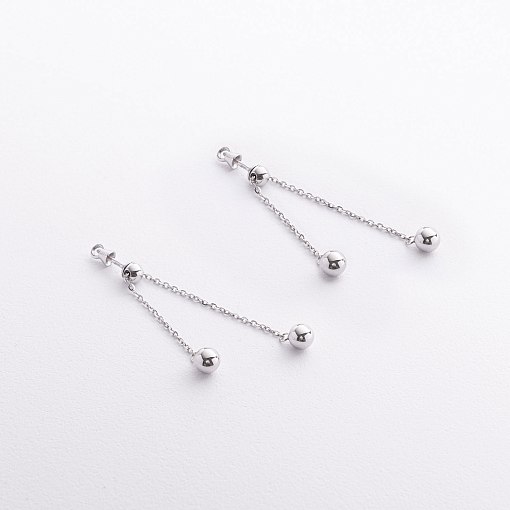 Серьги - пусеты с шариками на цепочке (белое золото) 580142в