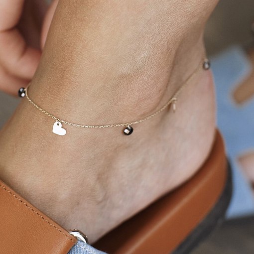 Золотой браслет "Сердечки и монетка" на ногу (черные фианиты) б04796 2