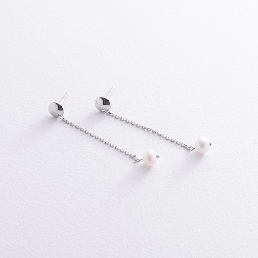 Серьги - пусеты "Жемчужина на цепочке" в белом золоте с08302 7