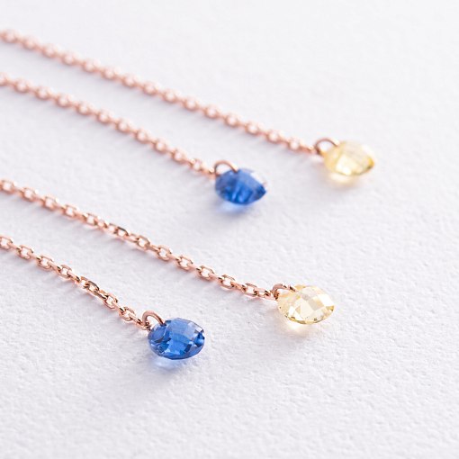 Висячие золотые серьги "Украинка" (голубые и желтые фианиты) с08384 3