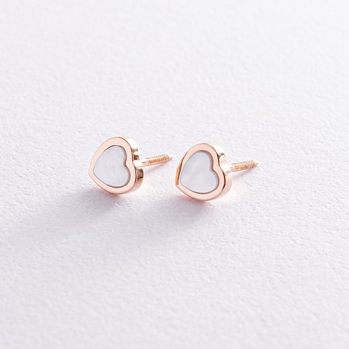 Золотые серьги - пусеты "Сердечки" с перламутром с08216 3