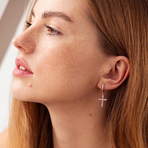 Золотые сережки "Крестики" с фианитами с02439 2