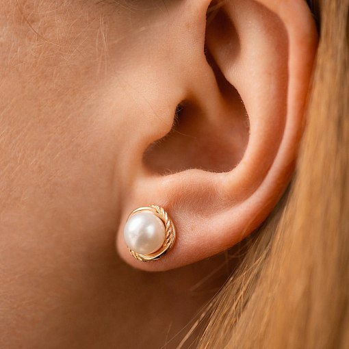 Золотые серьги - пусеты с жемчугом с09105 2