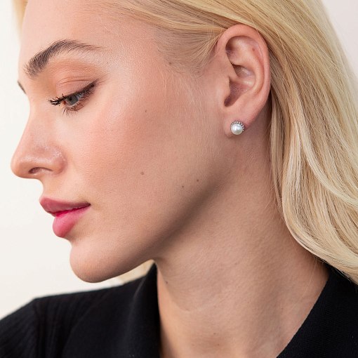 Золотые серьги - пусеты с жемчугом с07660 2