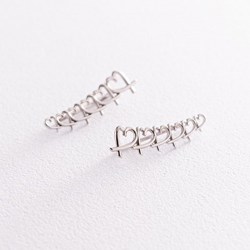 Серьги - клаймберы "Сердечки" в белом золоте с07123
